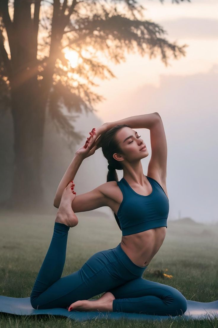 a woman is doing yoga outside in the grass