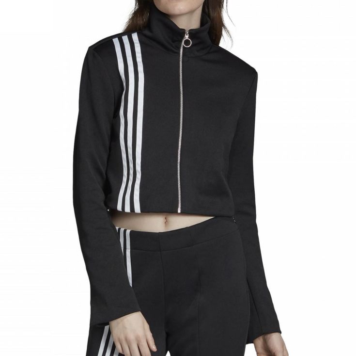 Cropped Jacket. Trendy Black Long Sleeve Track Jacket, Black Stretch Track Jacket For Spring, Trendy Black Winter Track Jacket, Trendy Black Track Jacket For Winter, Adidas Long Sleeve Track Jacket For Spring, Adidas Long Sleeve Spring Track Jacket, Trendy Black Adidas Outerwear, Trendy Fitted Track Jacket For Streetwear, Trendy Fitted Track Jacket For Fall