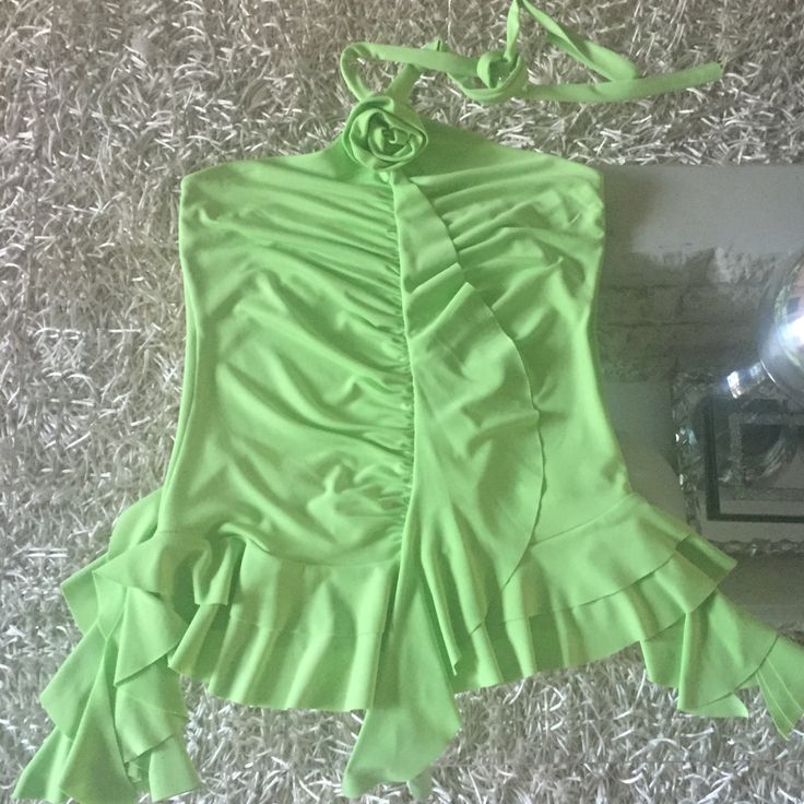 Lycra Halter Top With Front Flower. Brand New Condition. Tag Is M But It Can Be Worn Xs Or S Chic Fitted Green Halter Top, Green Halter Neck Top For Party, Green Summer Party Top, Fitted Green Halter Neck Top, Spring Party Green Halter Top, Green Spring Party Halter Top, Green 2000s Outfit, Spring Party Halter Top, Spring Halter Top For Night Out