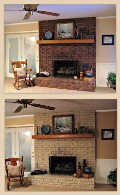 two pictures of a living room with brick fireplace