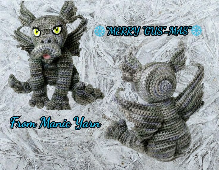 two crocheted stuffed animals sitting next to each other on top of frost covered ground