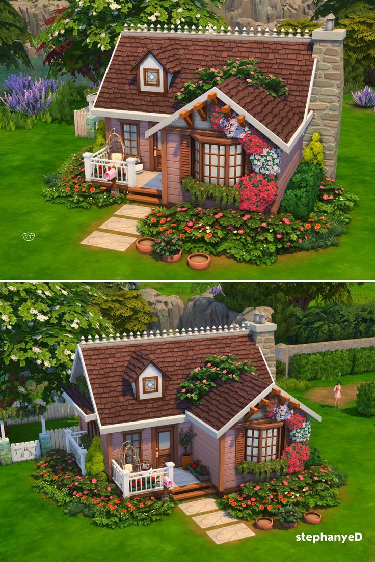 two pictures of a small house with flowers on the roof and in the front yard