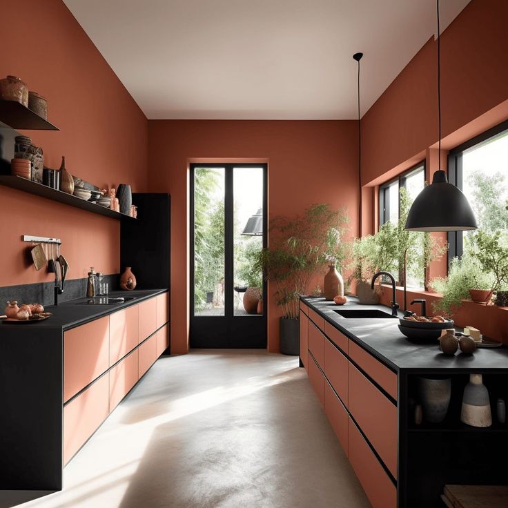 an orange and black kitchen with lots of counter space, pots on the counters and potted plants