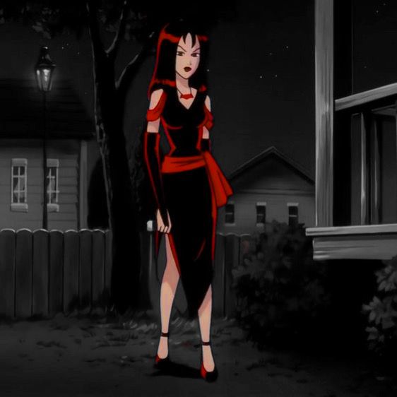 an animated image of a woman in a black and red dress walking down the street