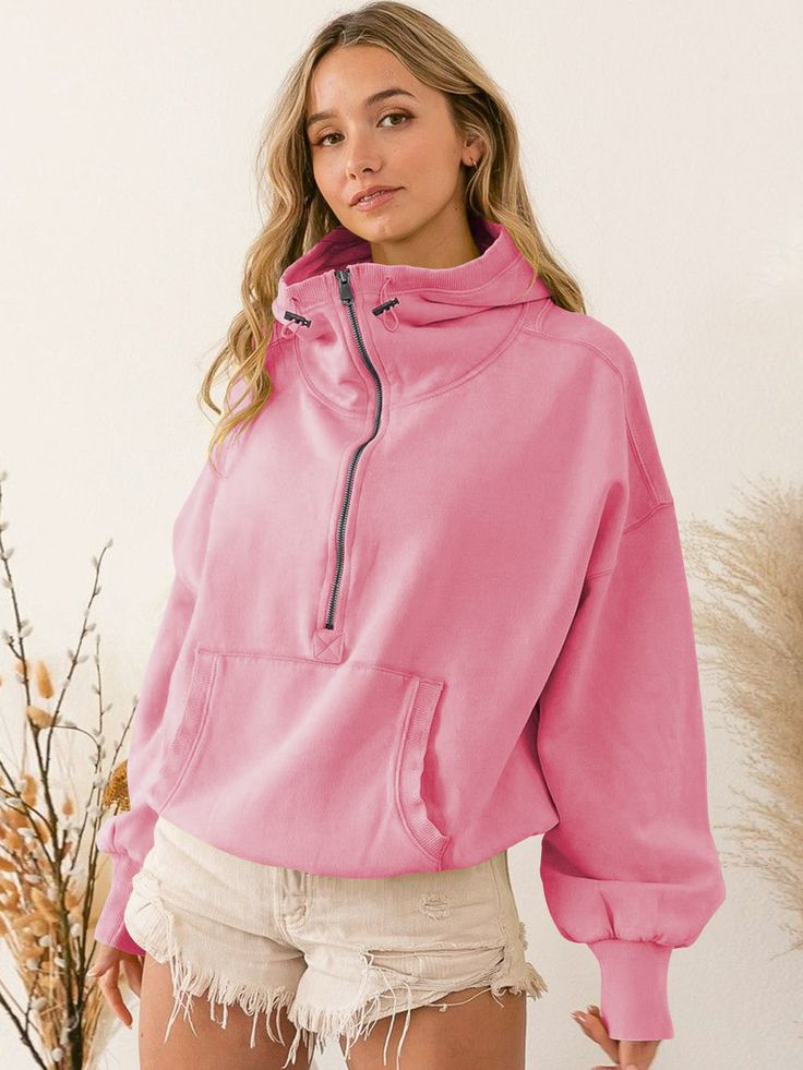 Our Fern Pocketed Hoodie Lightweight Jacket will keep you chill, no matter what activity you’re up to! With front easy capacity pockets, you can store all your trinkets without weighing yourself down. Perfect for sports activities and everyday adventures - you'll be set no matter what! Size Guide: Model is 5’6” tall, and has a 32.2” bust, 26.2” waist, & 34.8” hips. She is wearing a S / US 4 / AU 8. This jacket is true to size. Material: 95% Cotton. 5% Spandex Feature: Side Pocketed. Drawstring H Sport Shirts, Sports Hoodies, Pull Sweat, Half Zip Pullover, Short En Jean, Hooded Sweater, Zipper Hoodie, Hooded Pullover, Look Chic