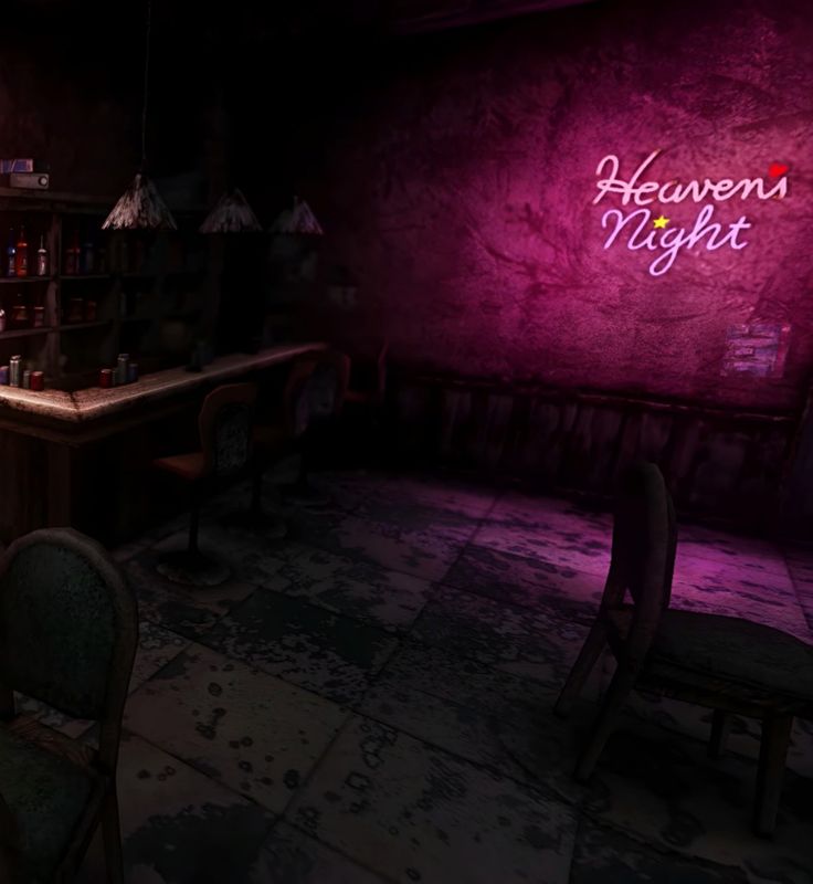 a dimly lit room with two chairs and a bar in the corner that says heaven's night