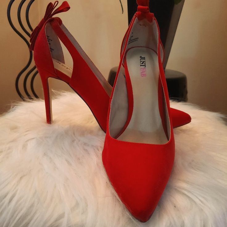 Red Sexy Stilettos From Just Fab. Never Worn Without Box. High Heels For Valentine's Day, Valentine's Day Fitted High Heels, High Heels With Red Bow, Red Pointed Toe Heels For Valentine's Day, Red High Heel Heels For Valentine's Day, Chic High Heels For Valentine's Day, Red High Heels For Valentine's Day, Chic High Heels With Red Bow, Chic Pointed Toe Heels For Valentine's Day