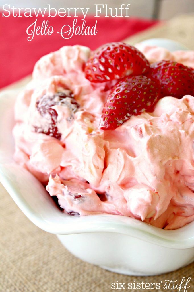 strawberry fluff jello salad in a white bowl