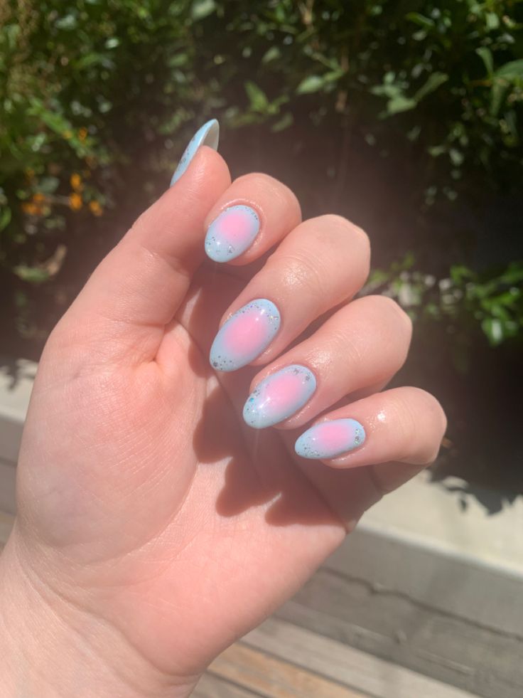 Cute Nails Pink And Blue, Pink And Blue Gradient Nails, Cute Blue And Pink Nails, Pink And Blue Aura Nails, Pastel Pink And Blue Nails, Nails Blue And Pink, Pink And Blue Nails, Hoco Nails, Aurora Nails