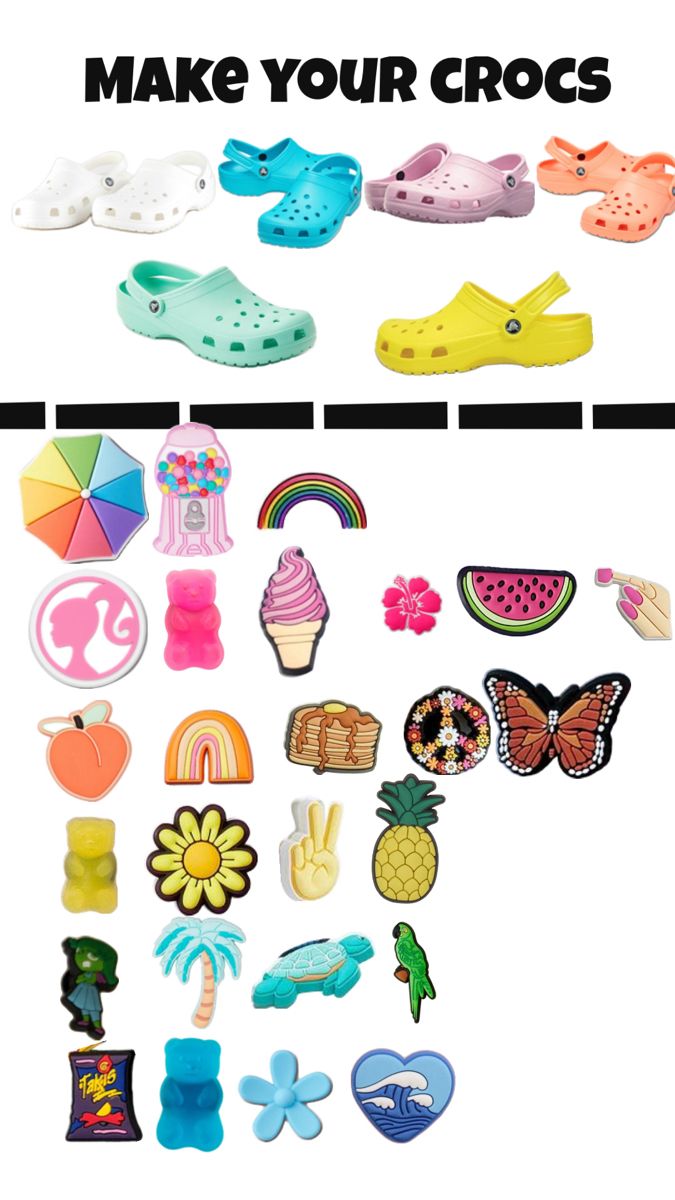 an advertisement for crocs is shown with different types of shoes and accessories on it