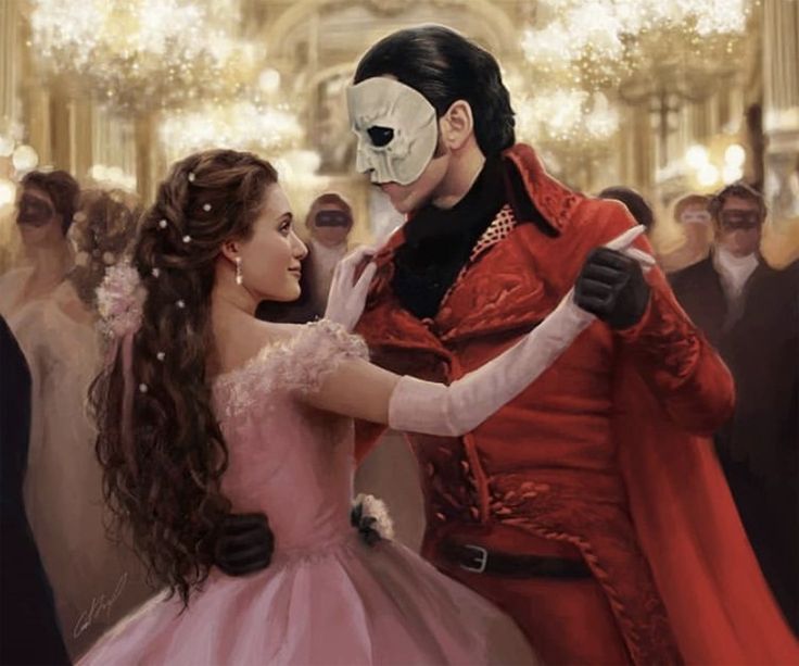 a painting of a man in a red jacket and mask dancing with a woman wearing a pink dress