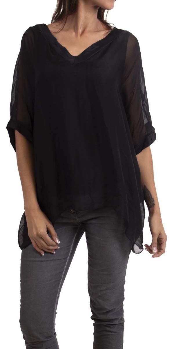 Gentle flowing pure silk, double V-neck silk blouse. Short sleeve finished with wide double-layer hem. Exterior 100% Silk | Interior 95% Viscose, 5% Elastic Model 5'8" One Size Made in Italy Versatile V-neck Viscose Blouse, Sheer Black Silk Blouse, Solid V-neck Blouse For Layering, Black Sheer Silk Blouse, Black Sheer Silk Tops, Spring V-neck Top For Layering, Elegant Sheer Solid Color Top, Elegant Solid Color Sheer Top, Versatile Silk V-neck Top