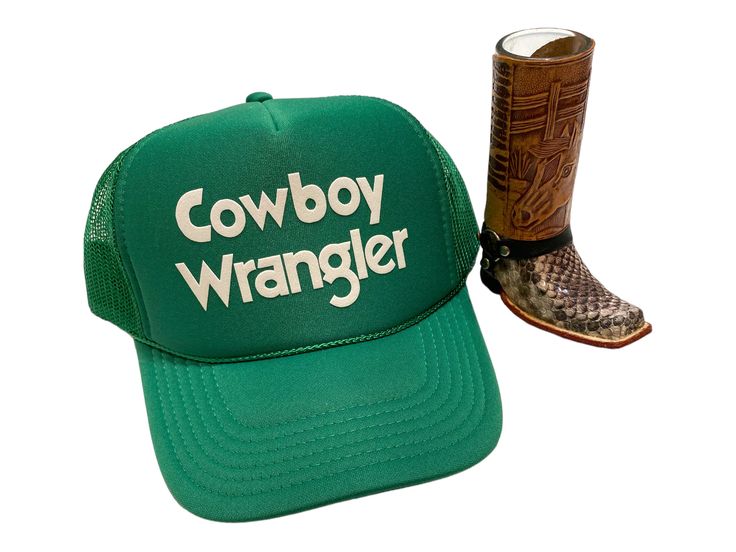 Wranglin Coyboys Green Trucker Hat.  Kelly Green, adjustable, Mid Rise Unisex Trucker Hat! Adjustable Western Trucker Hat For Ranch, Western Style Adjustable Trucker Hat For Ranch, Western Style Adjustable Trucker Hat, Western Trucker Hat With Flat Brim For Outdoor, Western Style Trucker Hat With Short Brim For Outdoor, Western Style Trucker Hat With Short Brim, Western Style Trucker Hat With Flat Brim For Outdoor, Western Style Short Brim Trucker Hat For Outdoor, Western Style Short Brim Trucker Hat