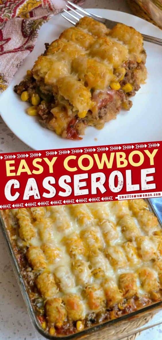 an easy cowboy casserole recipe is shown in this image