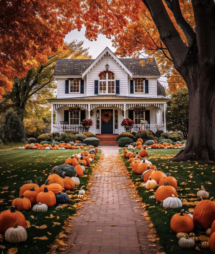 a house with lots of pumpkins on the ground and trees in front of it