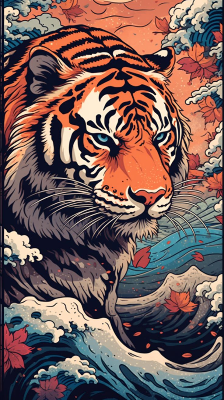 a tiger walking through the ocean with waves in front of it and an orange sky above