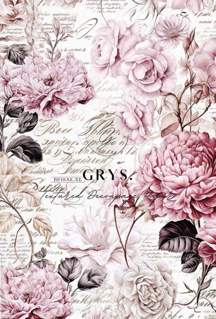 a floral wallpaper with pink and white flowers on the bottom right hand corner, which reads grey's