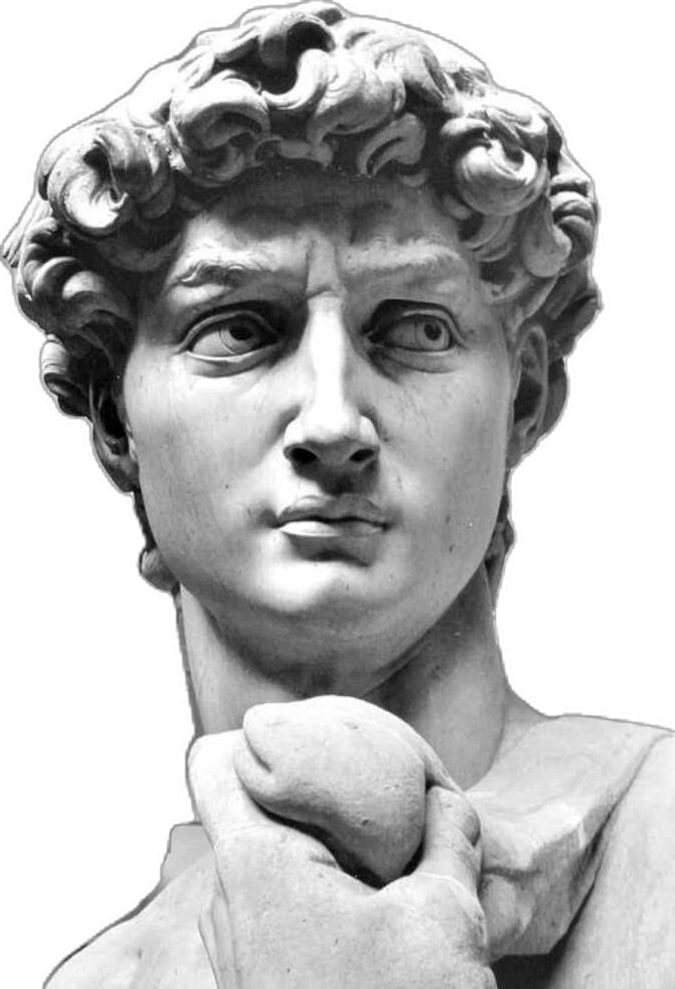 the bust of an ancient man with curly hair and gloves on his hands is shown in black and white