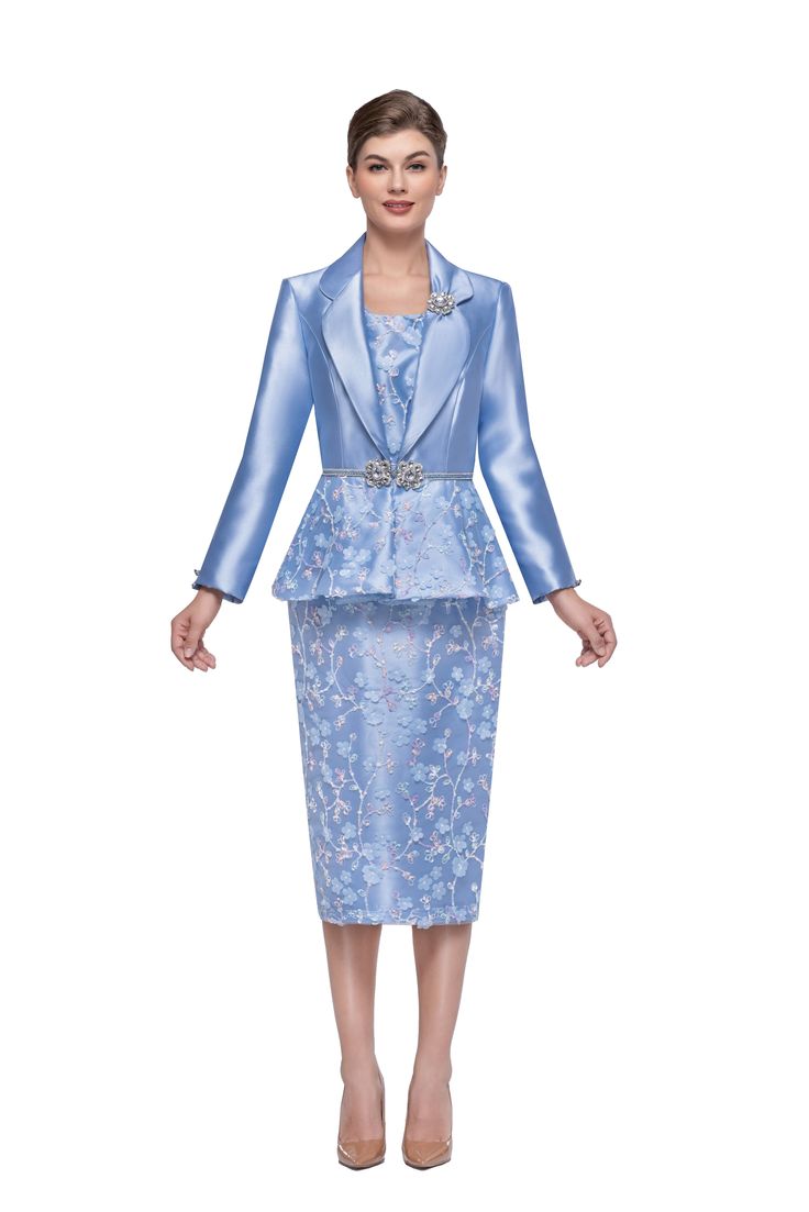 Serafina 4317 blue lace skirt suit Spring Party Blue Suits, Blue Spring Wedding Suit, Elegant Blue Summer Suits, Tailored Long Sleeve Sets For Spring, Fitted Long Sleeve Sets For Spring, Blue Sets For Fall, Tailored Blue Sets For Spring, Blue Fitted Long Sleeve Sets, Blue Clothing Sets For Fall