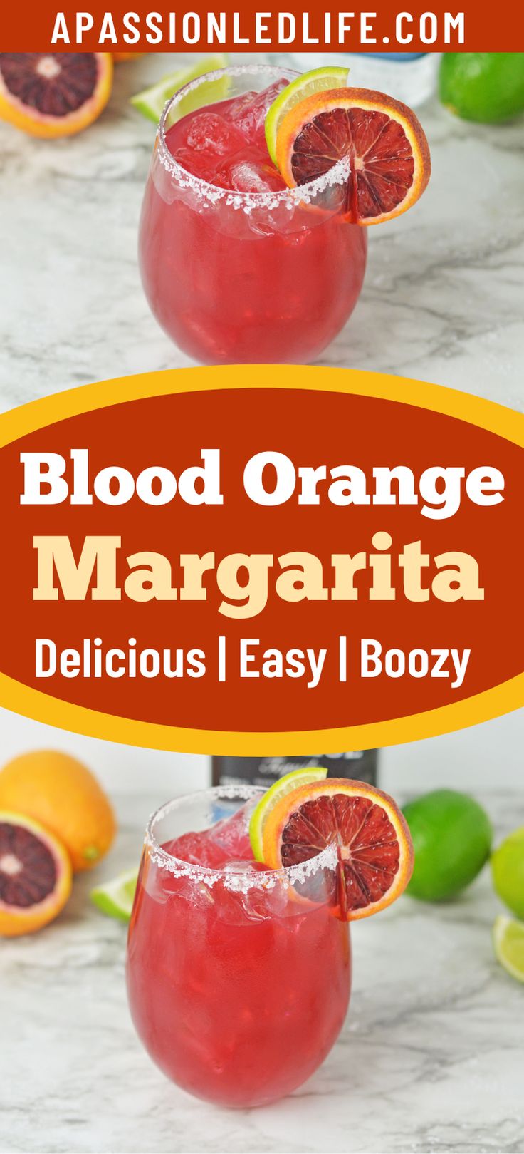 blood orange margarita in glasses with limes on the side and text overlay reading blood orange margarita delicious easy boozy