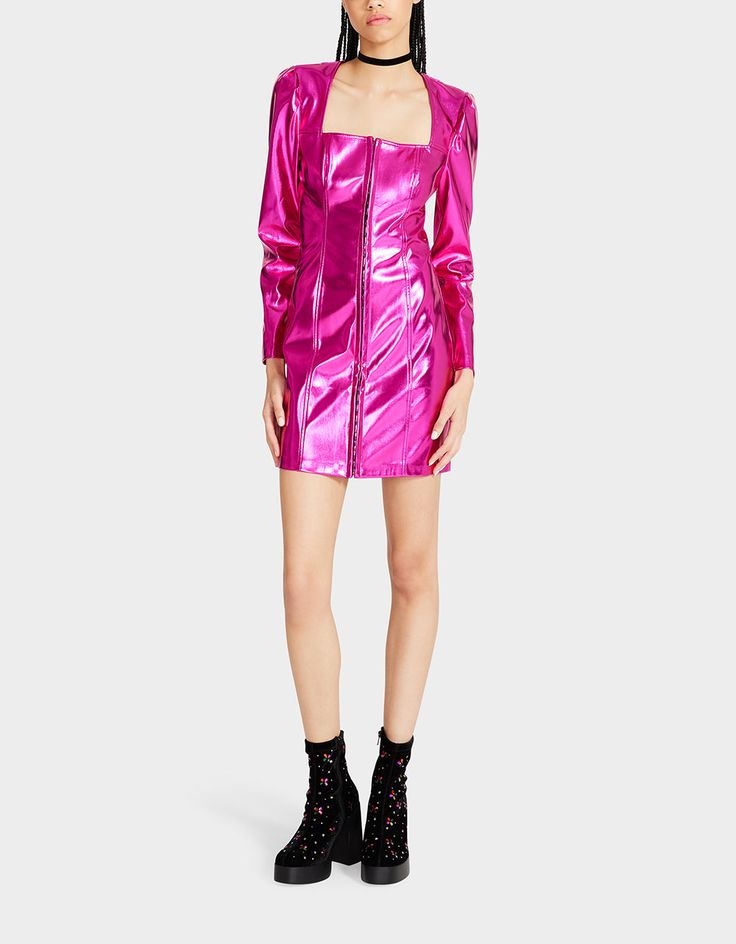 STACY MINI DRESS PINK | Metallic Dresses �– Betsey Johnson Square Neckline Long Sleeve, Metallic Dresses, Betsey Johnson Clothes, Mini Dress Pink, Betsey Johnson Dresses, Pink Metallic, Metallic Dress, Break Out, Pink Mini Dresses