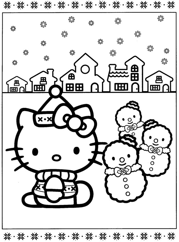 hello kitty and her friends are in the snow with their christmas presents coloring book page