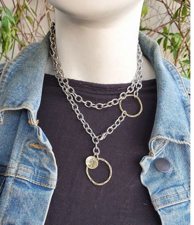 Long mixed metal chunky chain layered statement necklace Everyday Silver Chain Necklace, Everyday Metal Charm Necklaces With Double Chain, Everyday Metal Charm Necklace With Double Chain, Metal Double Chain Necklace With Oval Links, Metal Cable Chain Necklace For Layering, Metal Necklace With Double Oval Link Chain, Oval Link Double Chain Metal Necklace, Metal Cable Chain Long Necklace, Double Strand Silver Chain Jewelry