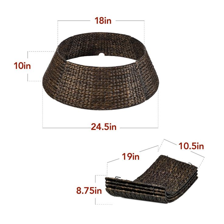 three pieces of brown woven material with measurements for each piece, including the size and width