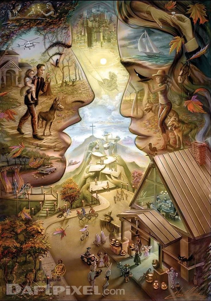 an artistic painting with people and animals in the middle of it, surrounded by trees