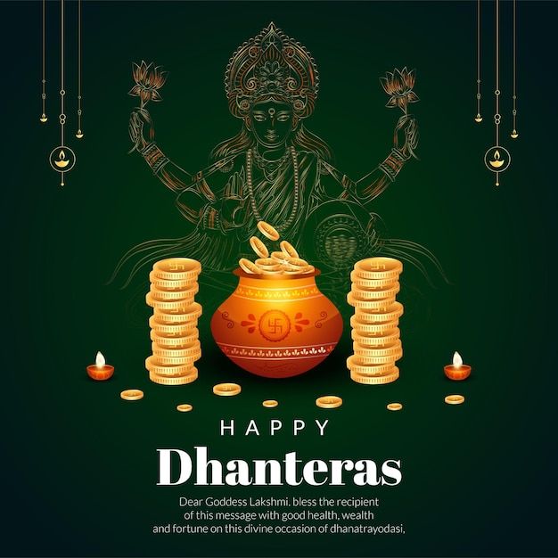 happy dhanteras greeting card with golden pots and candles on dark green background for diwaling