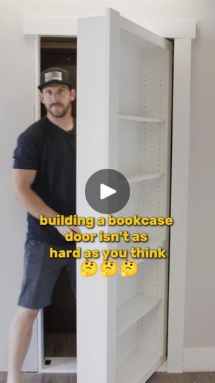 a man standing in front of a bookcase with the words building a bookcase door isn't as hard as you think