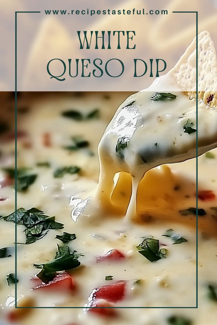 a white queso dip is being spooned into the soup