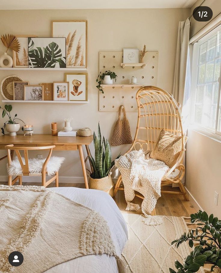 a bedroom with lots of plants and pictures on the wall above it, along with other items