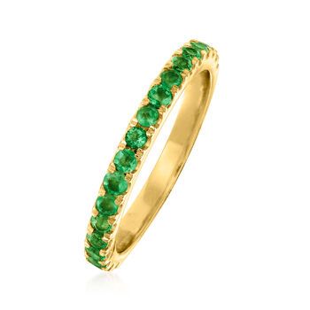 Ross-Simons - .50 ct. t. w. Emerald Ring in 18kt Gold Over Sterling. Size 9. This ring is the perfect gift for a May birthday (or any birthday!). Lovely .50 ct. t. w. Zambian emerald rounds sparkle in polished 18kt yellow gold over sterling silver. 1/8" wide. Emerald ring. Emerald birthstones are the perfect gift for May birthdays. Classic Green Eternity Band For Anniversary, Formal May Birthstone Diamond Ring With Round Band, Formal Round Diamond Ring For May Birthstone, Classic Green Eternity Band As A Gift, Elegant Yellow Gold Emerald Ring With Channel Set, Elegant Half Eternity Emerald Ring For Anniversary, Classic Diamond Ring With Vvs Clarity For May Birthstone, Formal Channel Set Round Cut Emerald Ring, Formal Emerald Ring With Channel Set Round Cut