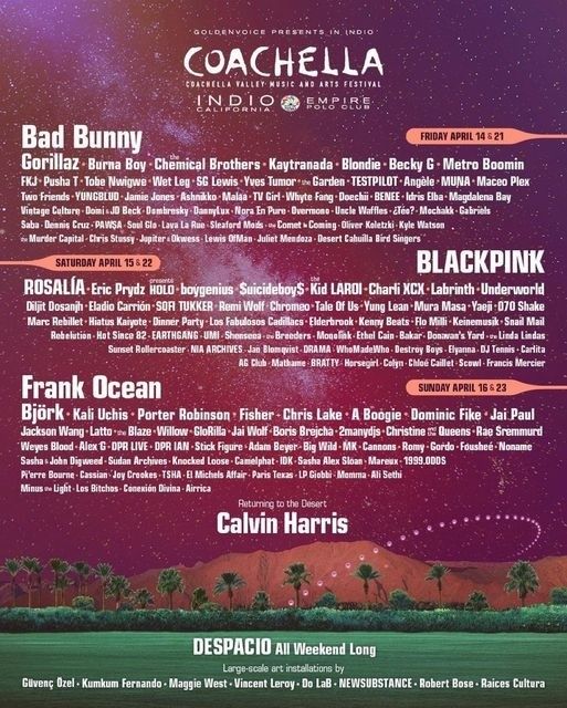 the coachella lineup is shown in this poster