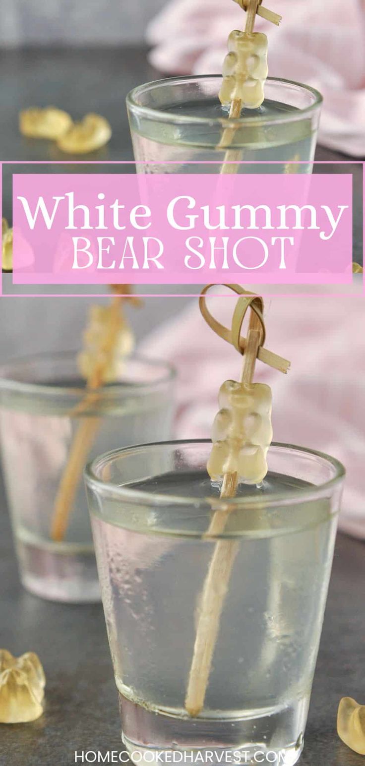 white gummy bear shot in glasses with toothpicks