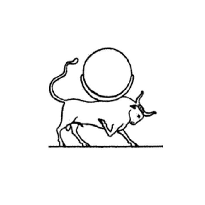 a drawing of a cow running with a ball on its back, in the background