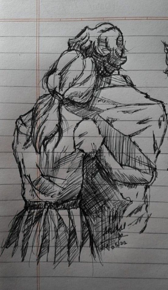 a drawing of two people hugging each other