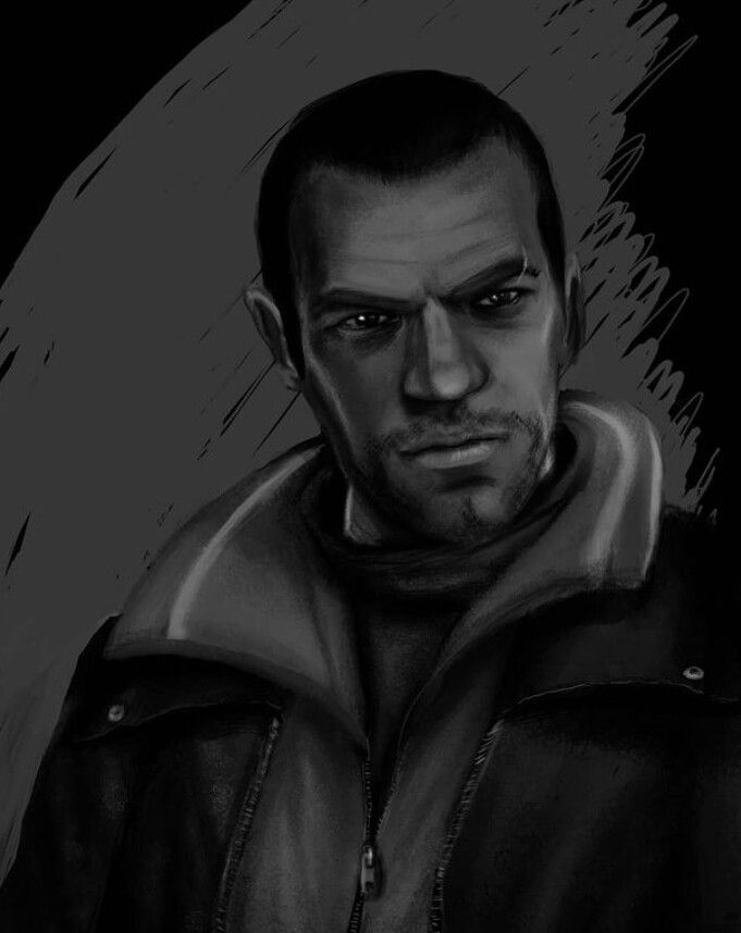 a black and white drawing of a man in a leather jacket looking at the camera