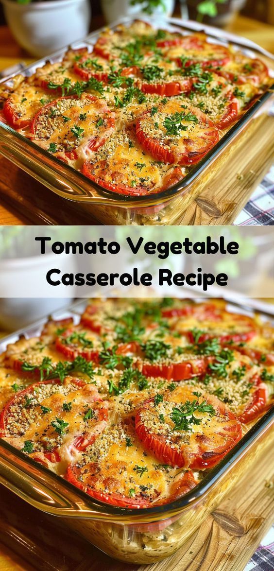 two pictures of a casserole dish with tomatoes and cheese