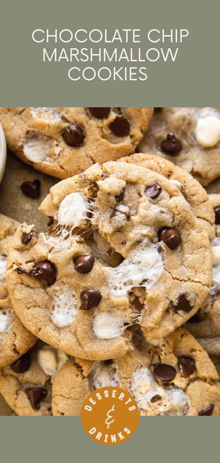 chocolate chip marshmallow cookies are stacked on top of each other, with the title above it