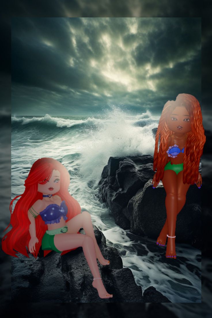 two mermaids sitting on rocks in the ocean, one with red hair and green bikinis