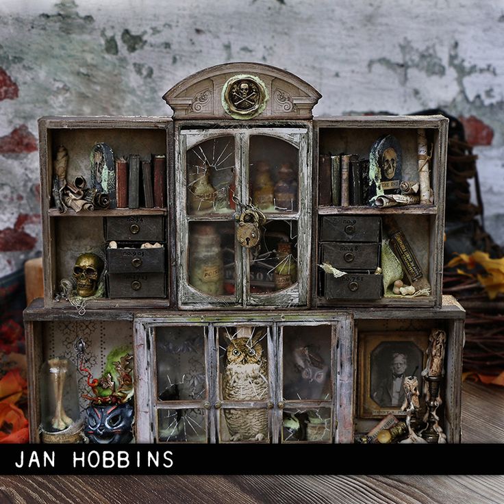 an old bookcase with many pictures on it and the words jan hobbins above it