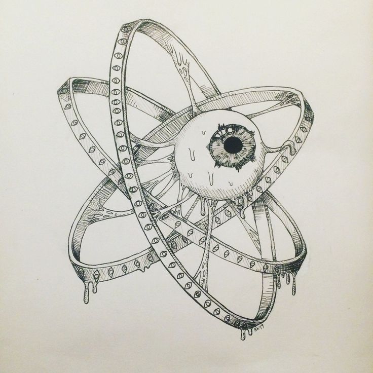 a drawing of an eyeball in the center of a spiral object with rivets around it