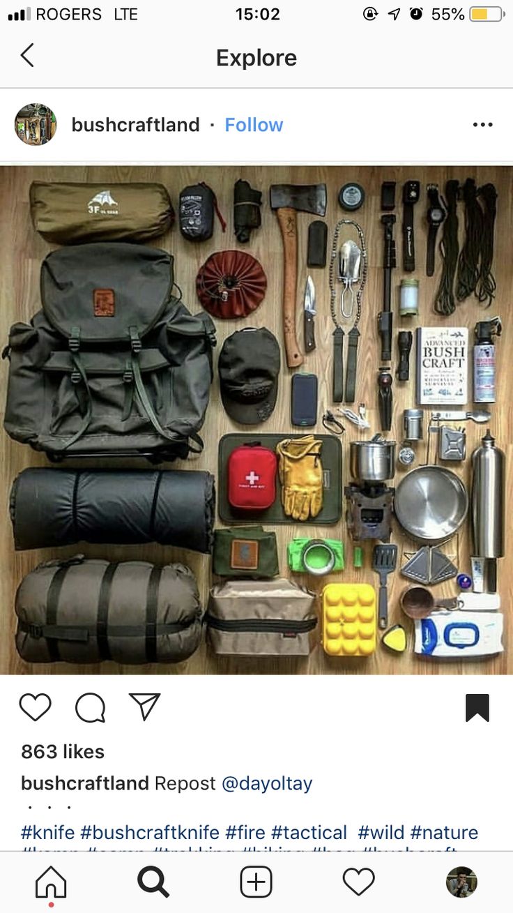 the contents of a travel bag laid out on a wooden table with utensils and other items