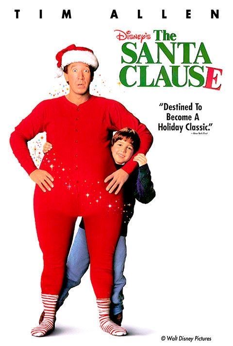 the santa clause movie poster with an adult and child standing next to each other in red pajamas