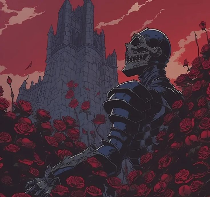 a skeleton standing in the middle of roses with a castle in the background at sunset