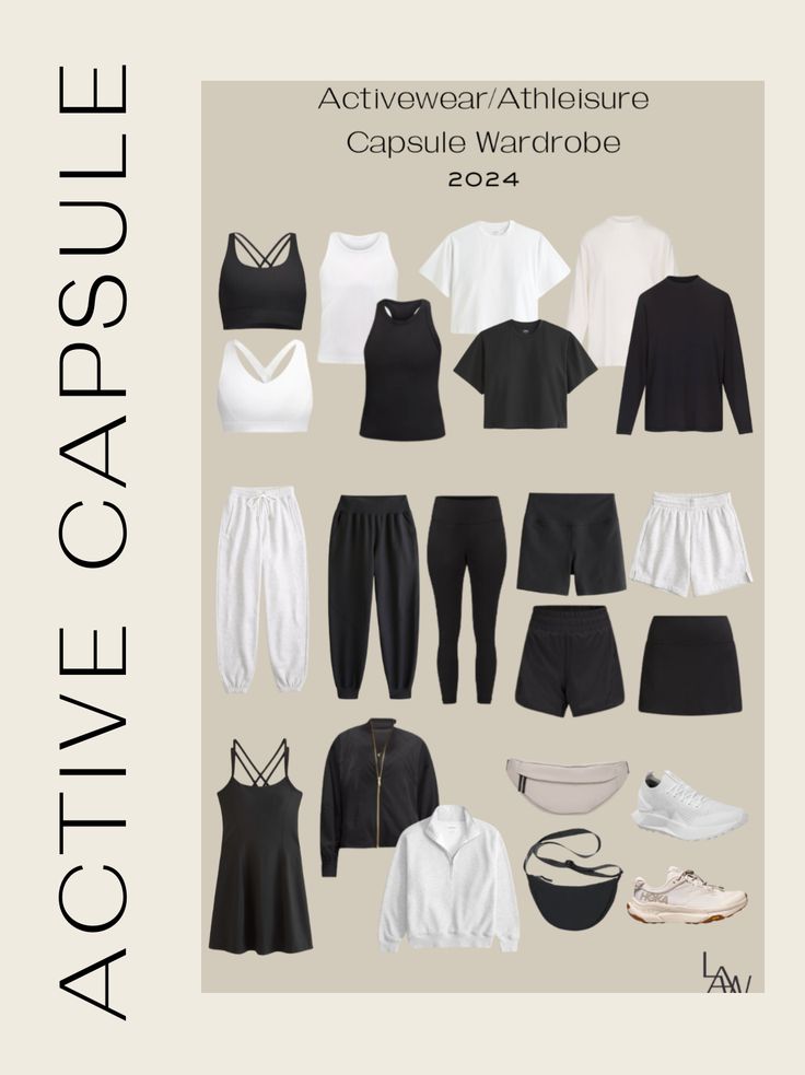 Active Capsule Wardrobe, Sport Capsule Wardrobe, Gym Wardrobe Capsule, Fitness Capsule Wardrobe, Classy Gym Outfits, Gym Capsule Wardrobe, Workout Capsule Wardrobe, Workout Capsule, Athleisure Capsule Wardrobe