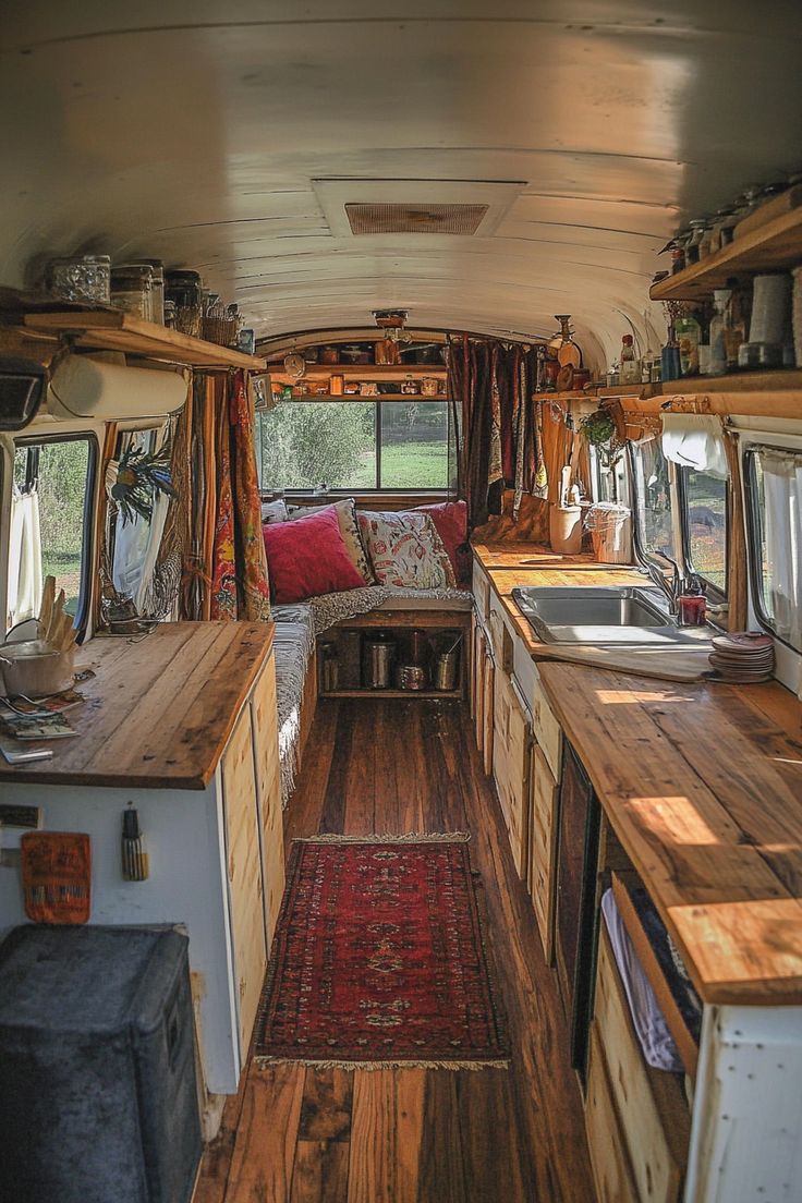 the interior of an rv with wood flooring and wooden counter tops, along with lots of storage space