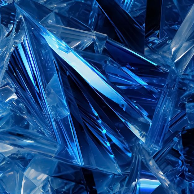 many blue glass pieces are stacked together in this close - up photo, which is very detailed